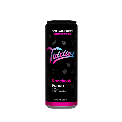 Tiddies Knockout Punch fruit punch energy drink in a 12 oz black and pink sleek can