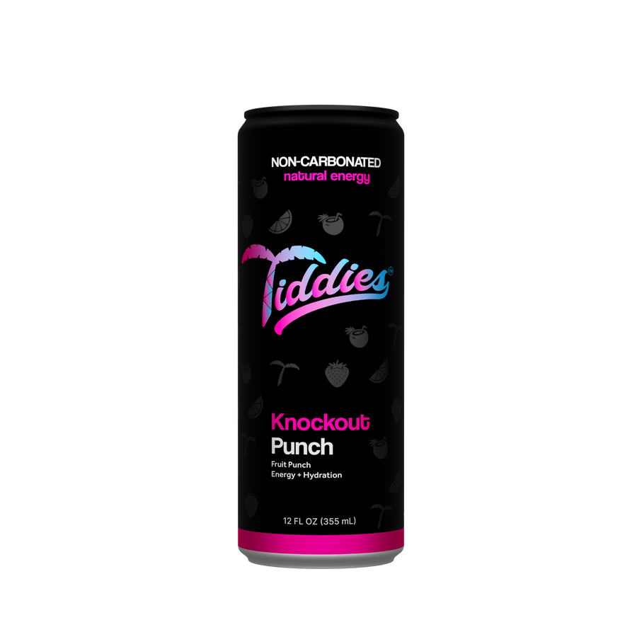 Tiddies Knockout Punch fruit punch energy drink in a 12 oz black and pink sleek can