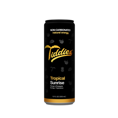 Tiddies Tropical Sunrise mango pineapple energy drink in a 12 oz gold sleek can