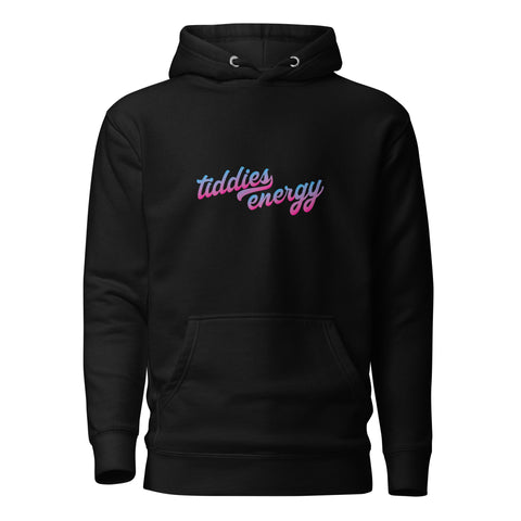 Black Tiddies Energy Drink "Show Me Them Cans" unisex pullover hoodie, front view with pink and blue palm logo