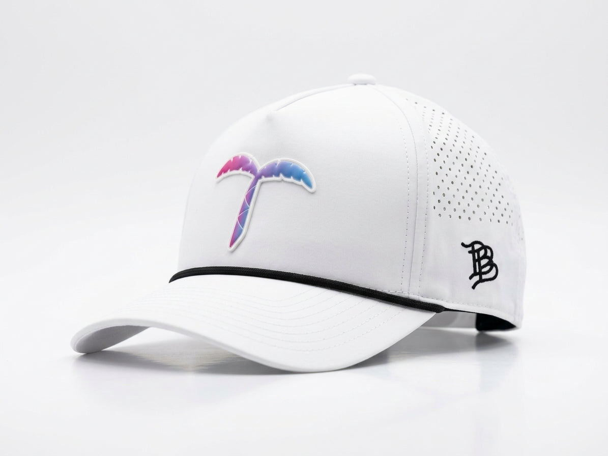 White Branded Bills 5-panel rope golf hat with pink-to-blue Tiddies palm tree T logo patch
